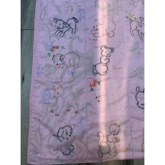 Vintage Handmade Girl Baby Hand-stitched Embroidered Pink Check Plaid Back Anima - Picture 3 of 6